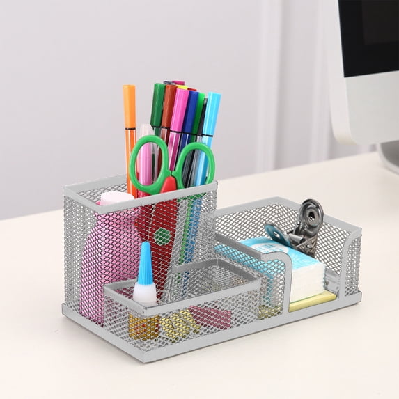 Mesh Metal Pencil Holder Desk Organizer | 3-Compartment Office Supply Caddy | Scratch-Resistant Steel with Non-Slip Mats | Multi-Color Options | 8.07 x 4.33 x 4.05 in | 1 Pack
