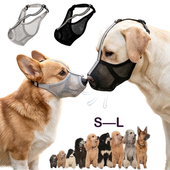 Mesh Muzzle for Dogs, Breathable with Reflective Strips for Panting Drinking _ Black _ S