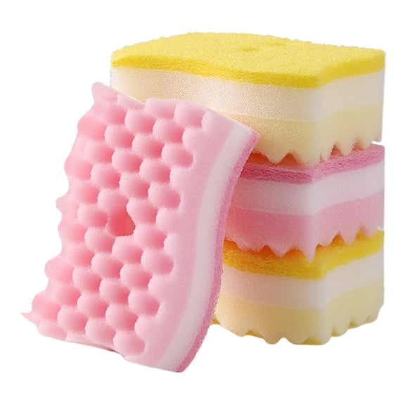 Mesh Net Kitchen Sponges, 4Pcs Mesh Net Scouring Pad, 2.76x4.33x1.57 Inch Odor-Free Microfiber Cleaning Sponge Wipes Scrub Pads, S-Shaped Quick Dry Dish Scrubber for Washing, Yellow and Pink