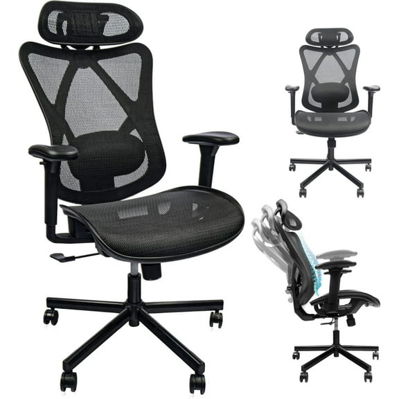Mesh Office Chair, Ergonomic Office Chairs with Wheels, Adjustable Lumbar Support, Armrest and Headrest-Tilt, High Back Desk Chair with Mute Wheel for Office, Home, Gaming