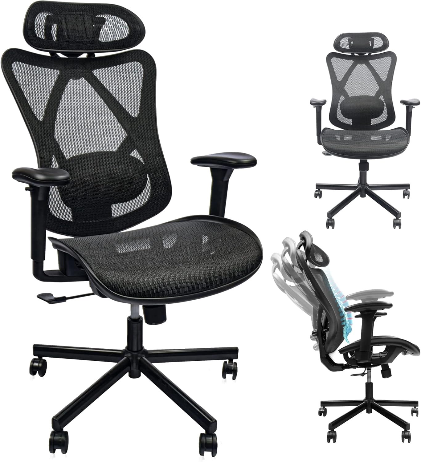 Mesh Office Chair, Ergonomic Office Chairs with Wheels, Adjustable Lumbar Support, Armrest, Headrest-Tilt High Back Desk Chair with Mute Wheel for Office, Home, Gaming