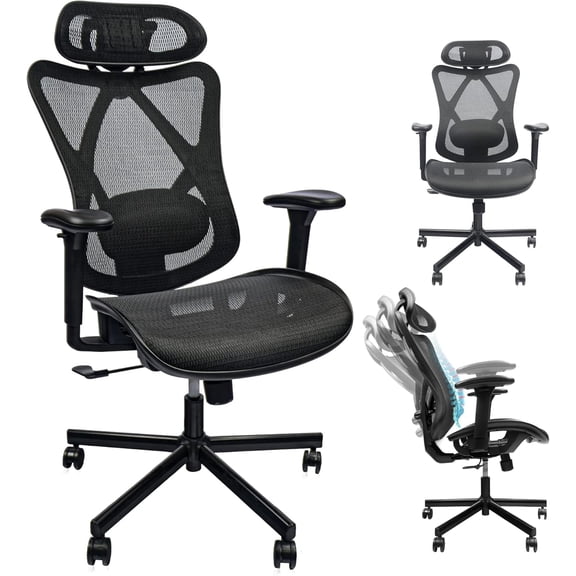 Mesh Office Chair, Ergonomic Office Chairs with Wheels, Adjustable Lumbar Support, Armrest, Headrest-Tilt High Back Desk Chair with Mute Wheel for Office, Home, Gaming