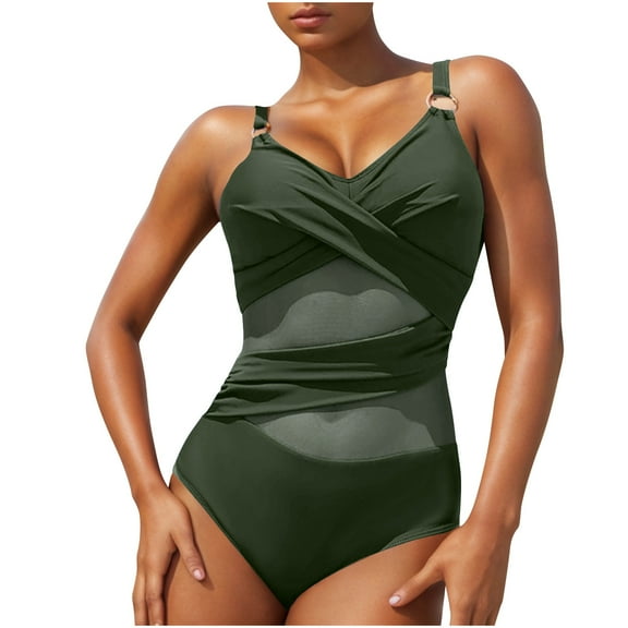 Mesh One Piece Swimsuit for Women Twist Front Tummy-Control Bathing Suit O-Ring Adjustable Strap Bikini Swimwear Army Green, XXL
