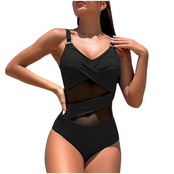 Mesh One Piece Swimsuit for Women Twist Front Tummy-Control Bathing Suit O-Ring Adjustable Strap Bikini Swimwear Black, M