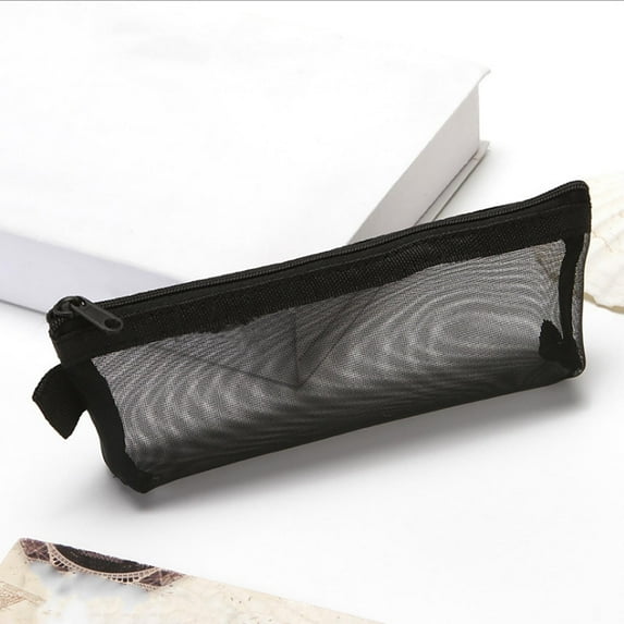 Mesh Organizer Pencil Pouch - 8.3x3.5in Transparent Learn & Travel Case for Pens, Makeup, Small Supplies (Portable Zippered) Black
