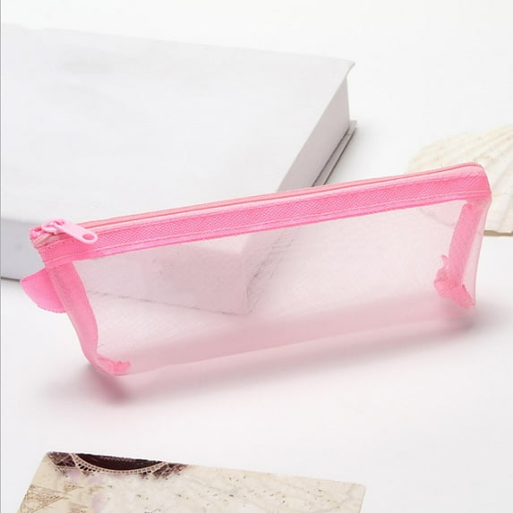 Mesh Organizer Pencil Pouch - 8.3x3.5in Transparent Learn & Travel Case for Pens, Makeup, Small Supplies (Portable Zippered) Pink