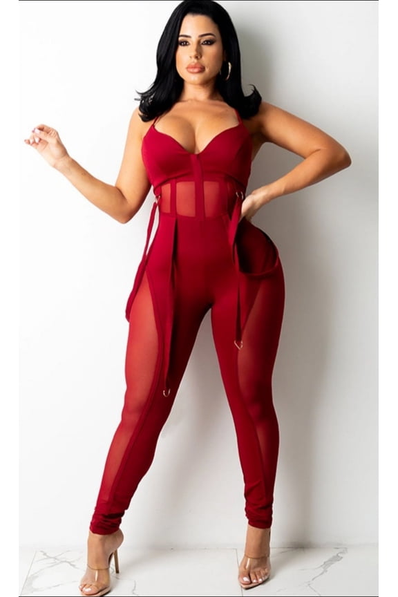Mesh Patched Belt Detail Jumpsuit (XL, MaroonBrown)