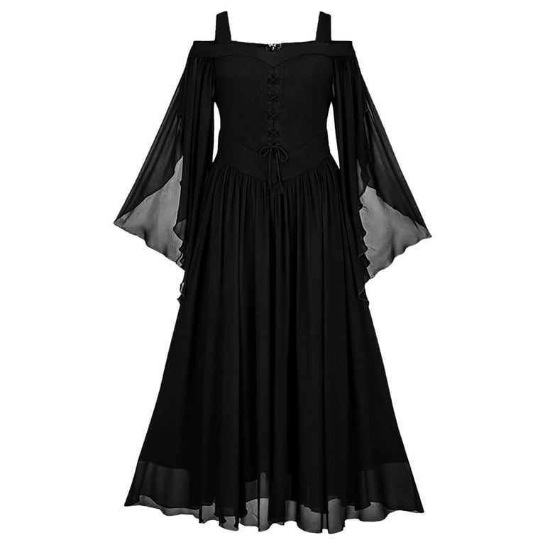 Women's Gothic Dress Punk Lace Patchwork Dress High Waist Long Sleeve  Ruffle Collar A-Line Party Dress Cosplay 