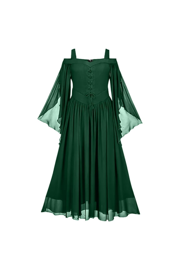 Mesh Patchwork Cape Sleeve Suspender Cold Shoulder Goth Dresses Corset High Waist Ruffle Flowy Solid Vintage Dress Women