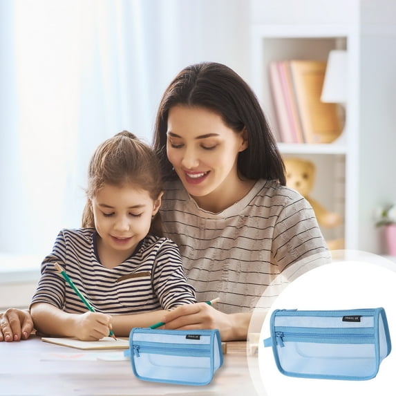 Mesh Pen Bag | Transparent Nylon Stationery Organizer | Large Capacity Zippered Pouch | Lightweight Portable Storage Case | Multifunction Cosmetic Coin Bag | 1 Pack | 21.5×8.5×12.5cm