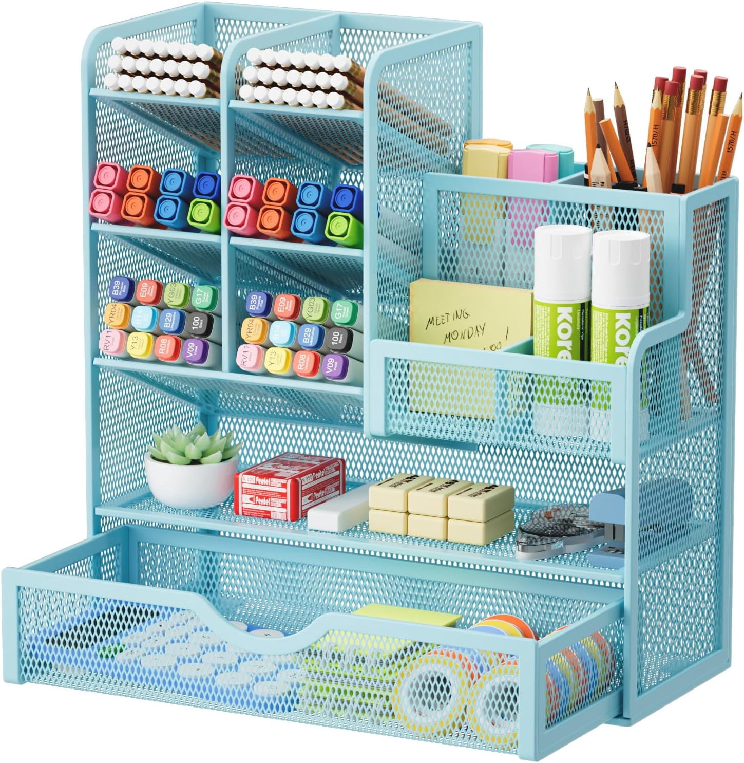Mesh Pen Holder for Desk, Multi-Functional Pencil Organizer with Drawer, Desk Organizers and Accessories for Office Art Supplies (Blue)