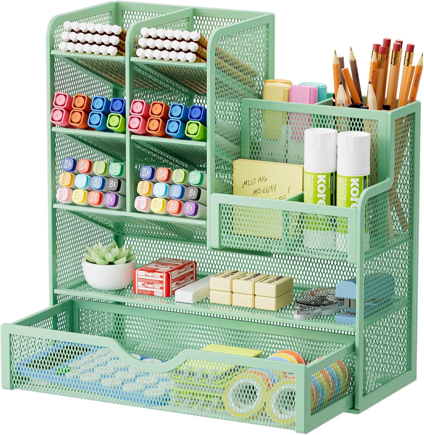 Mesh Pen Holder for Desk, Multi-Functional Pencil Organizer with Drawer, Desk Organizers and Accessories for Office Art Supplies (Green)