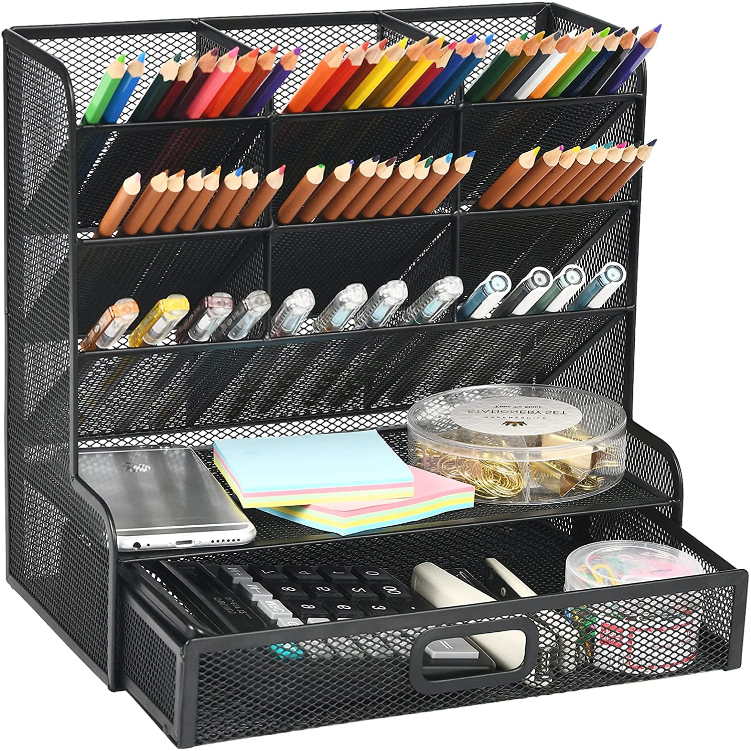 Mesh Pen Holder for Desk, Multi-Functional Pencil Organizer with Drawer, Desk Organizers and Accessories for Office Art Supplies (Large Black)