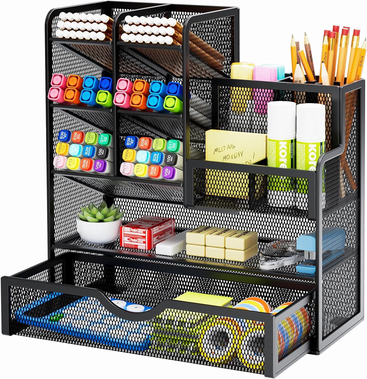 Mesh Pen Holder for Desk, Multi-Functional Pencil Organizer with Drawer, Desk Organizers and Accessories for Office Art Supplies (Purple)