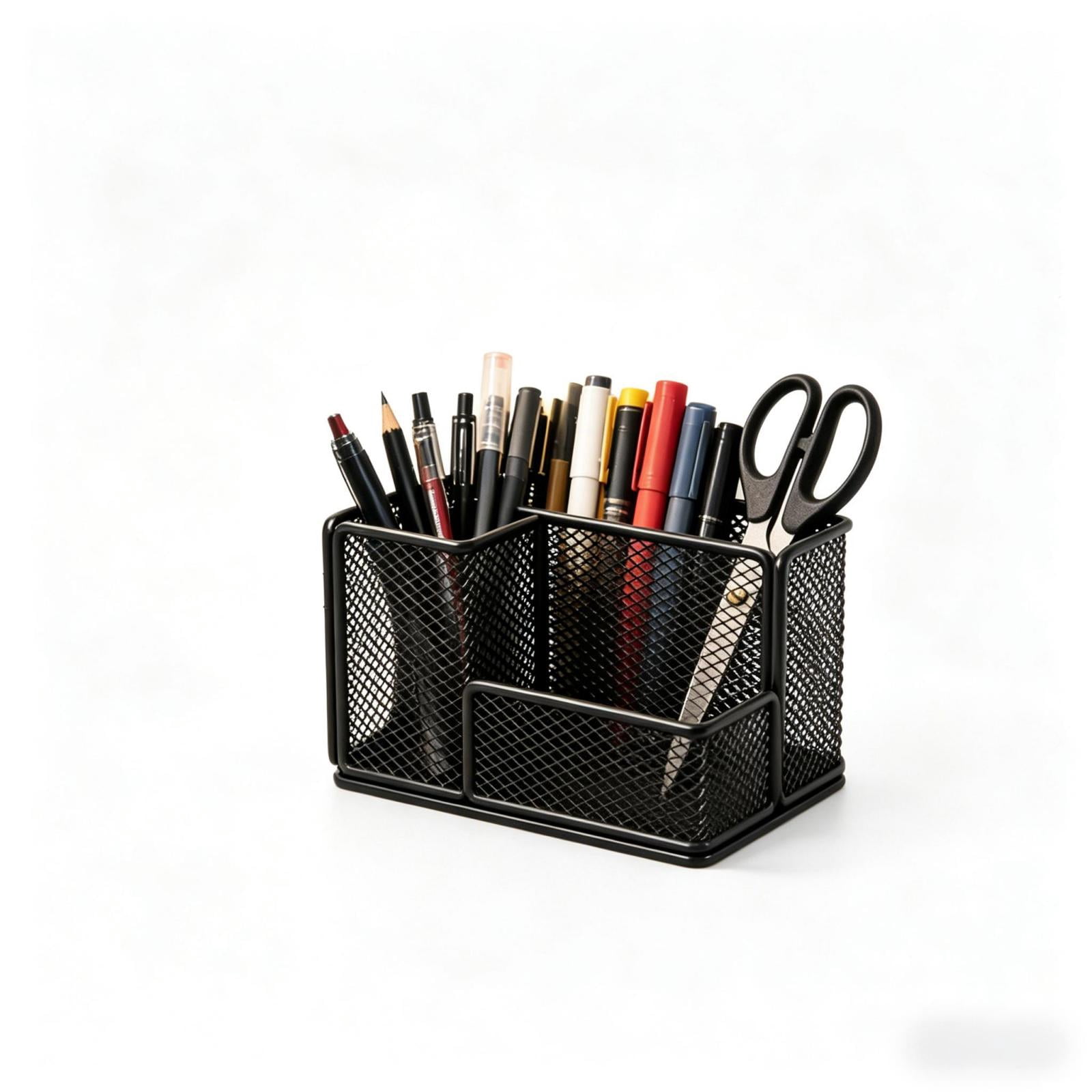 Mesh Pen Pencil Holder Desk Organizer, 3 Compartment Wire Desktop Pen Pencil Cup Caddy Office Supplies Desk Accessories for Home Office, Black