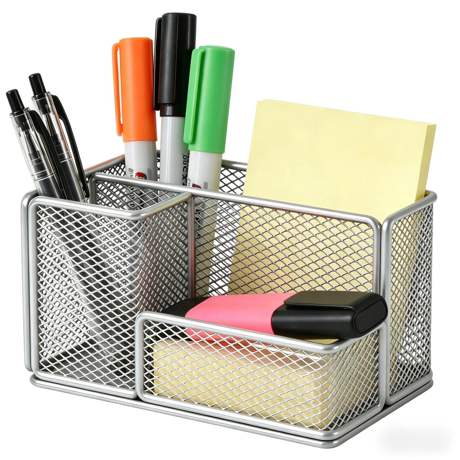 Mesh Pen Pencil Holder Desk Organizer, 3 Compartment Wire Desktop Pen Pencil Cup Caddy Office Supplies Desk Accessories for Home Office, Gray