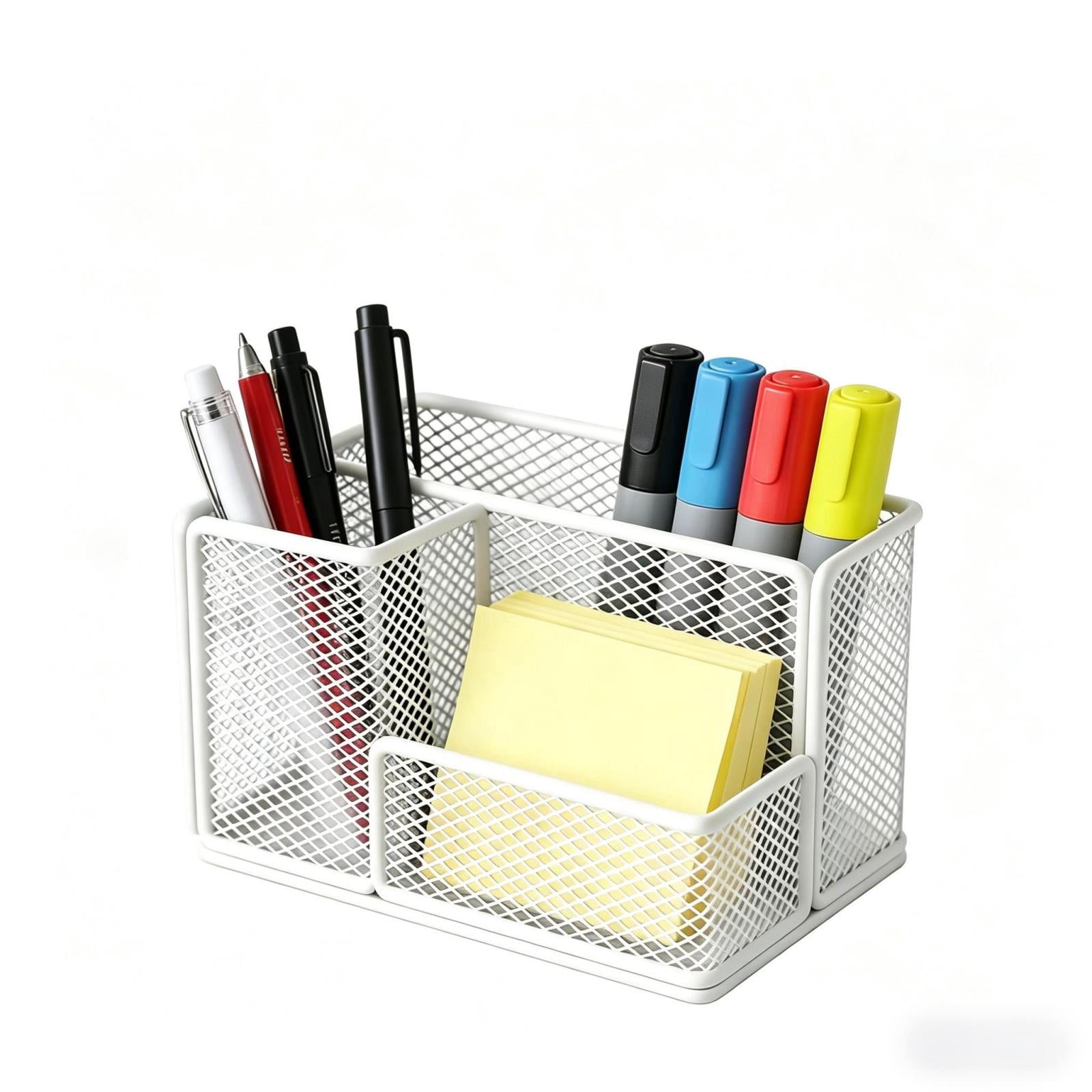 Mesh Pen Pencil Holder Desk Organizer, 3 Compartment Wire Desktop Pen Pencil Cup Caddy Office Supplies Desk Accessories for Home Office, White
