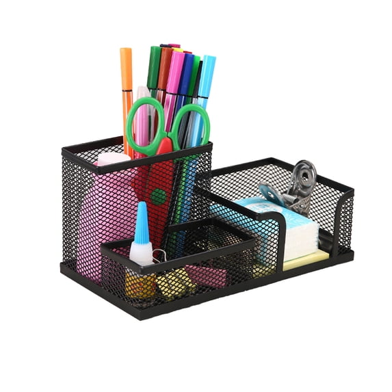 Mesh Pen and Pencil Holder, Desktop Stationery Desk Organizer, 3 Compartment Wire Desktop Pen Pencil Cup Caddy Office Supplies Desk Accessories for Home Office, Black