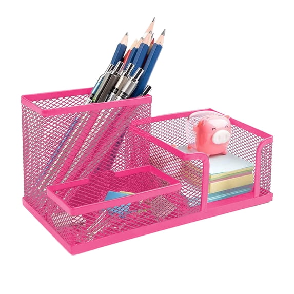 Mesh Pen and Pencil Holder, Desktop Stationery Desk Organizer, 3 Compartment Wire Desktop Pen Pencil Cup Caddy Office Supplies Desk Accessories for Home Office, Red