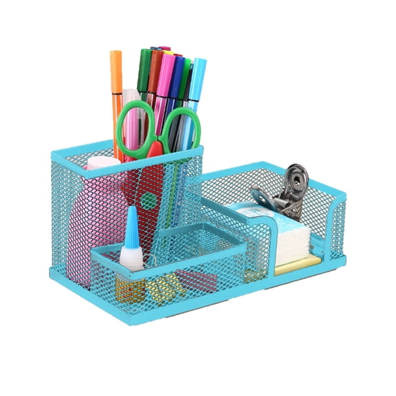Mesh Pen and Pencil Holder, Desktop Stationery Desk Organizer, 3 Compartment Wire Desktop Pen Pencil Cup Caddy Office Supplies Desk Accessories for Home Office, Blue