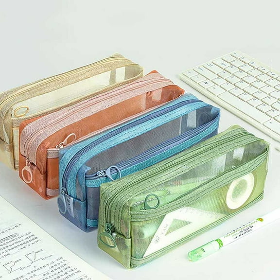 Mesh Pencil Bag,Clear Pencil Case,Double Layer Mesh Transparent Zipper Pouch Bags,Pencil Pouch,Pencil Case,Pencil Bag,Cute Pencil Case,Small Pencil Case(Beige 8*3*2in)from ANMUYUM