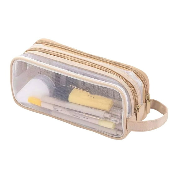Mesh Pencil Case 2 Compartments, Clear Pen Pencil Pouch with Zipper, Multifunction Transparent Stationery Bag for Student College Office (Beige)