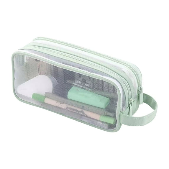 Mesh Pencil Case 2 Compartments, Clear Pen Pencil Pouch with Zipper, Multifunction Transparent Stationery Bag for Student College Office (Green)