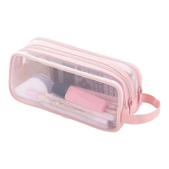 Mesh Pencil Case 2 Compartments, Clear Pen Pencil Pouch with Zipper, Multifunction Transparent Stationery Bag for Student College Office (Pink)