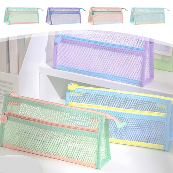 Mesh Pencil Case, 2-in-1 Standing Pen Holder Pouch, Transparent Zipper Large Capacity Organizer, for Students Back to School Supplies, Green