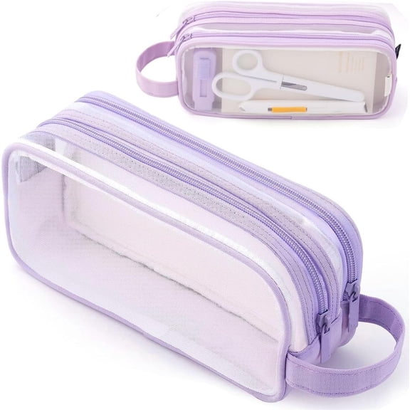 Mesh Pencil Case,Clear Pencil Pouch,Clear Makeup Bag,Pencil Bags with Zipper, Transparent Pen Holder Bag, Multi-Purpose Organizer Box with Portable Strap for Business Travel Office College