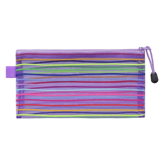 Mesh Pencil Case, Color Stripe Pen Pouch With Zipper, Slim Stationery Organizer for Office Travel, Purple
