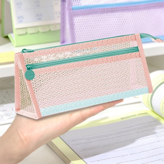 Mesh Pencil Case Double Layer Transparent, Large Capacity Pen Bag for Students Exam, Thickened Zipper Wide Opening, S*chool Office Stationery Organizer Storage for Writing Tools