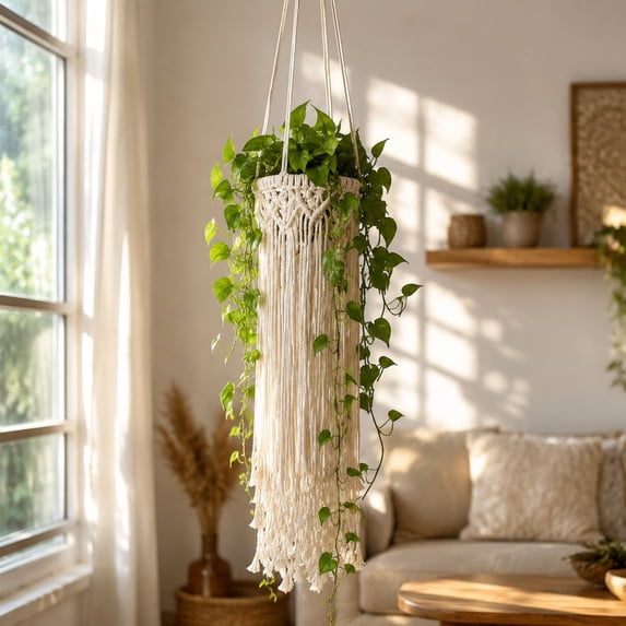 Mesh Plant Hangers With Tassels Indoor Hanging Planters Basket Handmade Cotton Rope Flower Pots Holder Stand Boho Home Decor Outdoor Decorations Round White