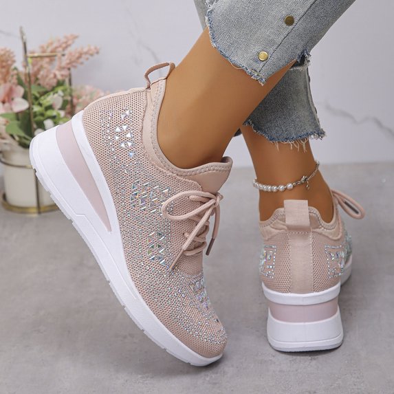 Mesh Platform Walking Shoes for Women Rhinestone Wedge Mesh Breathable Non Slip Tennis Walking Shoes