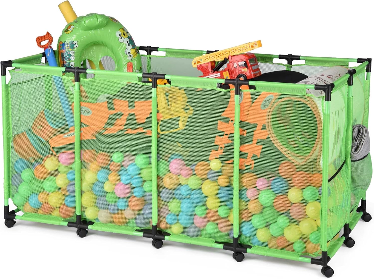 Mesh Pool Storage Bin Rolling Storage Coating Metal Frame Organizer Swimming Toys Holder Pool Float Holders Metal Frame Sturdy Connector, XXX-Large, 65" L x 30" W x 33" H, Green