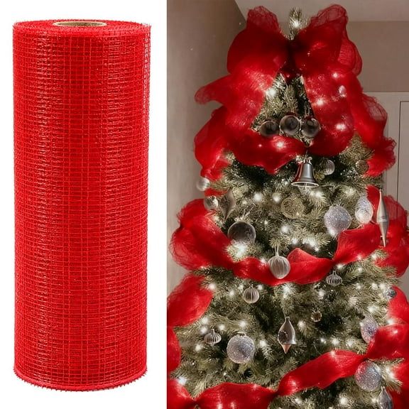 Mesh Ribbon for Christmas Tree, 10 Inch x 30 Feet Gold Wired Deco Mesh Roll,Sparkling Finish for Holiday Wrapping & Tree Trimming,Party Crafts White Gold Sparkle