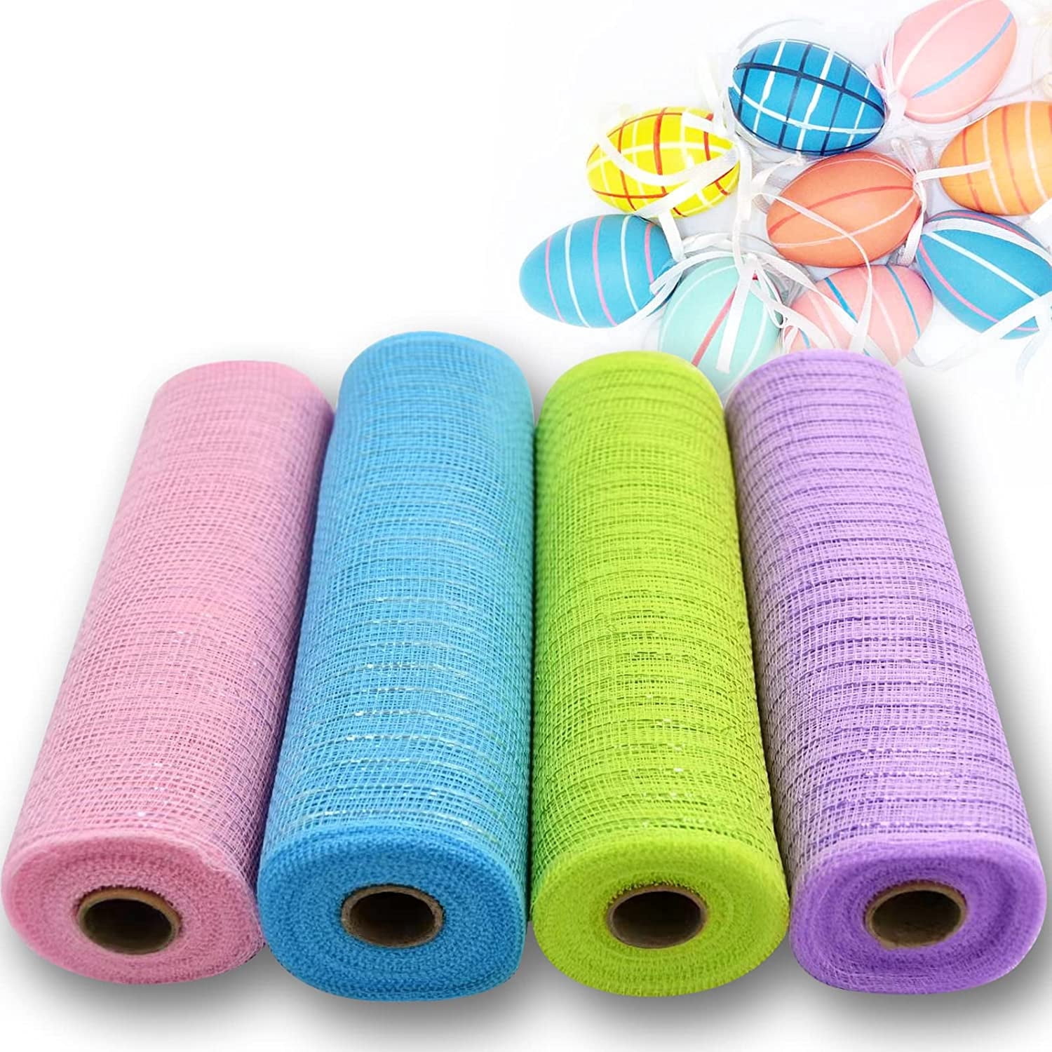 Mesh Ribbon Deco, Pink Purple Blue Green Deco Mes for DIY Easter Decorations Wrapping Craft, 4 Rolls(10 inch Wide)