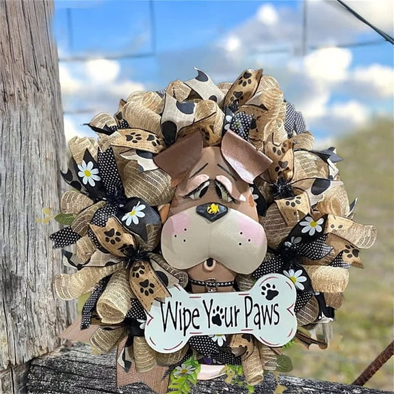 Mesh Ribbon Decorative Wreath with Dog Figure and Paw Print Accents for Front Door or Wall Display Home Decor