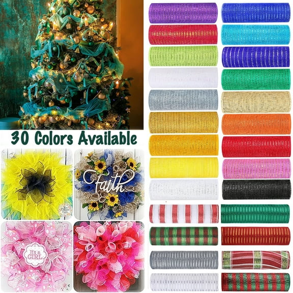 Mesh Ribbon with Metallic Foil, Decor Mesh Ribbon Roll for Wreaths Making Supplies, Christmas Tree Decor, Swags, Garland and Bows Craft Party, 10 Yard