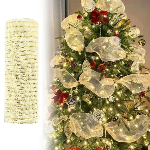 Mesh Ribbon Roll,Christmas Tree Ribbon 10 inch x 30 feet(10Yard)Each Roll,Metallic with Foil,Christmas Ribbon for Wreath Swags and Decorating(Beige)