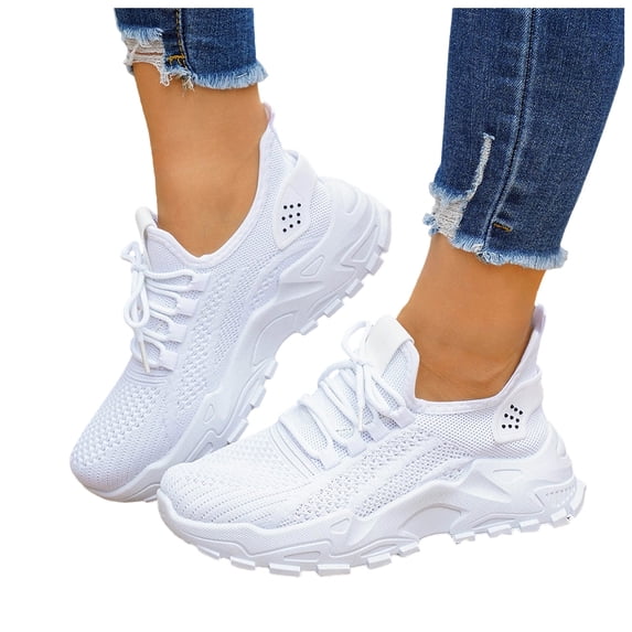 Mesh Road Running Shoes for Women Non Slip Ladies Platform Sneakers Fashion Workout Gym Athletic Walking Shoes White Size 7.5