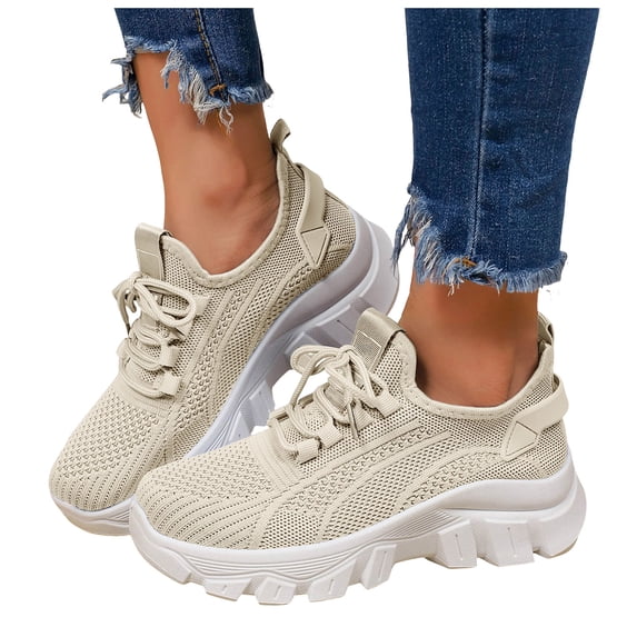 Mesh Road Running Shoes for Women Non Slip Ladies Platform Sneakers Fashion Workout Gym Athletic Walking Shoes Beige Size 7.5
