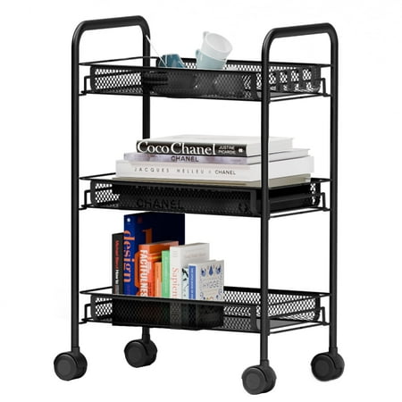 Mesh Rolling Cart with Lockable Wheels, 3 Tier Rustproof Metal Cart with Hooks, Kitchen Rolling Shelf, Mesh Storage Basket for Living Room, Bathroom, Kitchen, Office, Black