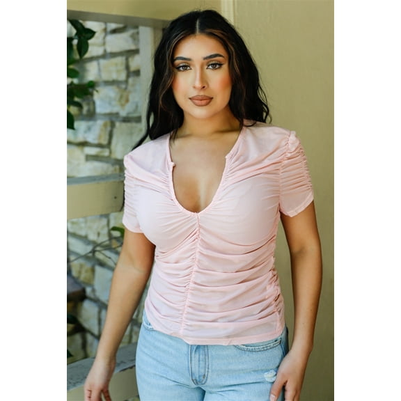Mesh Ruched Cut-out Detail Short Sleeve Top Pink' L