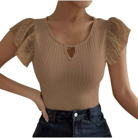 Mesh Ruffle Short Sleeve Top Womens Summer Casual Ribbed T-Shirt Hollow-Out Crew Neck Dressy Tops