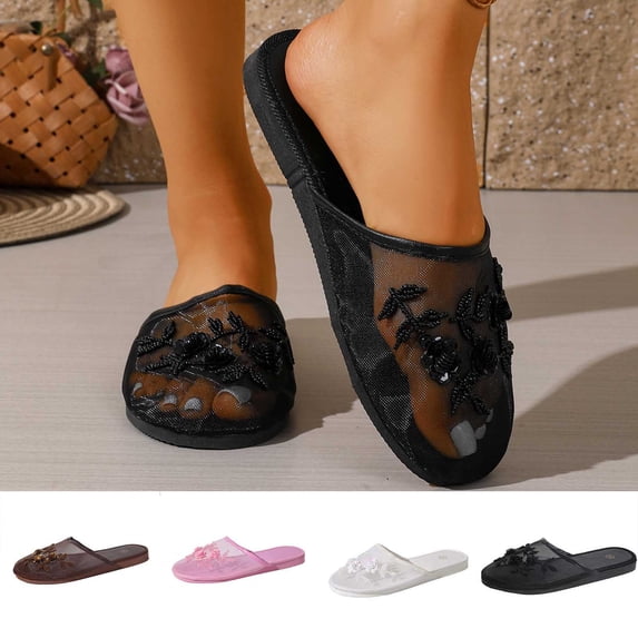 Mesh Sandals For Women Non-Slip Breathable Comfortable Casual Footwear Summer Slip On Floral Flat Shoes (8.5, Black)