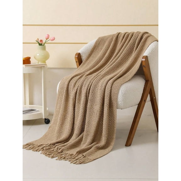 Mesh Scarf Khaki Diamond Grid Knit Throw Blanket With Fringe, Soft Acrylic For Sofa Bed Decor