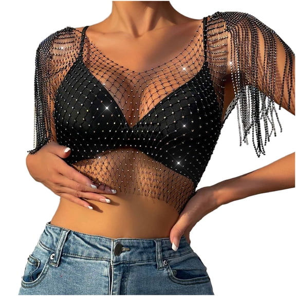 Mesh Sequin Tops for Women Sparkly Long Sleeve Sheer Crop Top See Through Shirt Glitter Going Out Tops Mesh Layer Slim Fit Shirts Club Party Outfits Stylish Trendy Wear for Cocktail