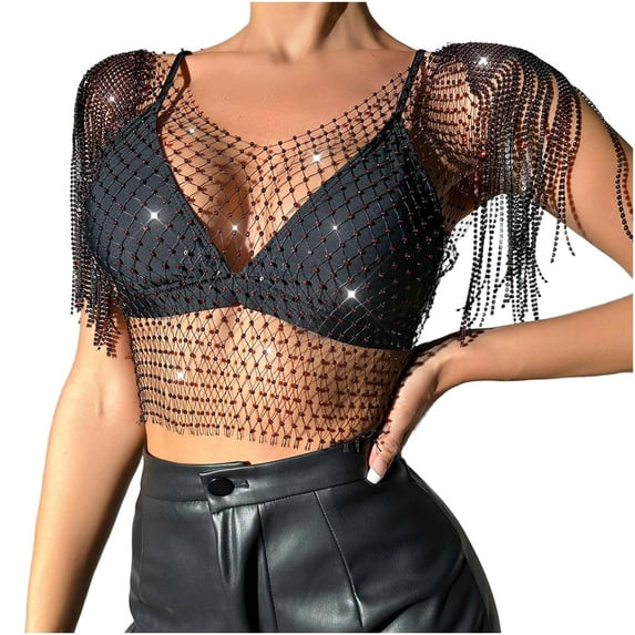 Mesh Sequin Tops for Women Sparkly Long Sleeve Sheer Crop Top See Through Shirt Glitter Going Out Tops Mesh Layer Slim Fit Shirts Club Party Outfits Stylish Trendy Wear for Cocktail