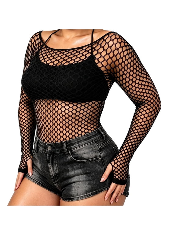 Fishnet Top for Women Elasticity Mesh Blouses Black Long Sleeve (One Size)